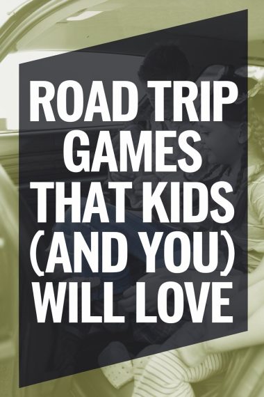Kids playing educational games in the car during a fun family road trip.