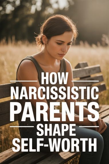 Contemplative woman on park bench highlights effects of narcissistic parents on self-worth.
