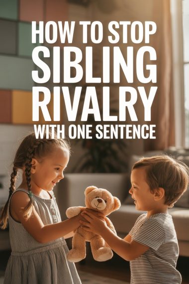 Sibling children sharing a joyful moment with teddy bear in cozy family living room.