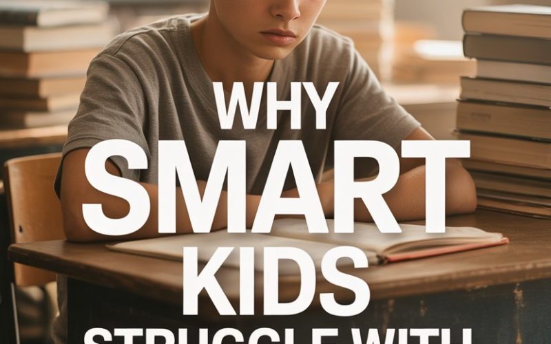 Young boy studying at a library desk, highlighting emotional struggles of gifted children.