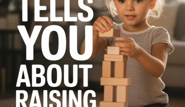Young girl building wooden block tower with focus and curiosity in a cozy, sunlit living room.