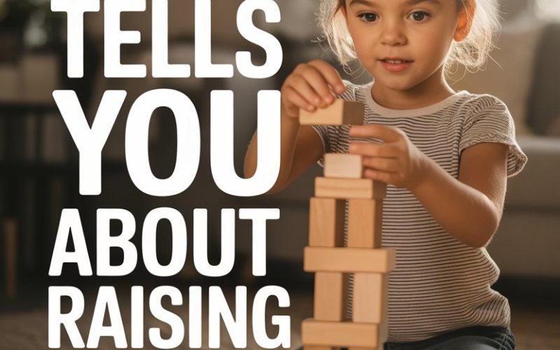 Young girl building wooden block tower with focus and curiosity in a cozy, sunlit living room.