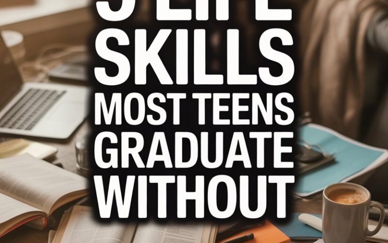 Teen study space with books, notebooks, laptop, and focus on essential life skills.