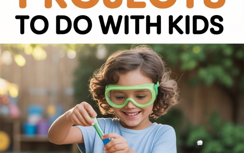 Girl doing fun summer science experiments with colorful labware and a volcano model outdoors.