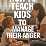 Young girl and woman calmly discussing anger management techniques in a cozy living room.