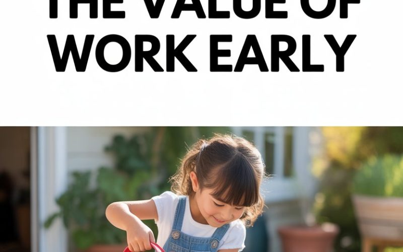 Young girl watering plants outdoors, teaching kids the value of work and responsibility through gardening.