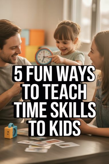 Family teaching kids to tell time with fun activities using educational clock and learning games.