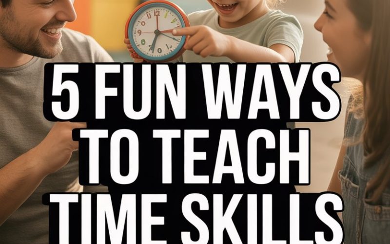 Family teaching kids to tell time with fun activities using educational clock and learning games.