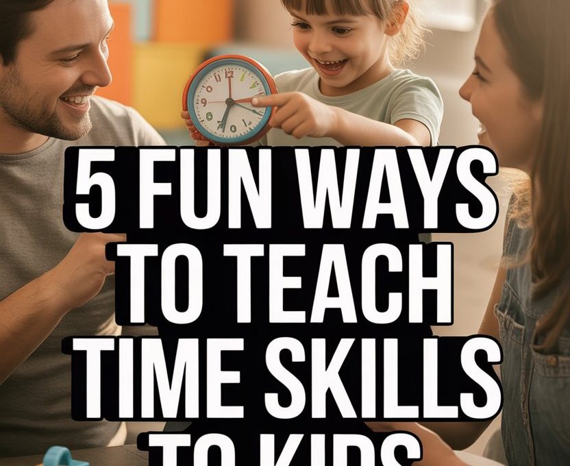 Family teaching kids to tell time with fun activities using educational clock and learning games.