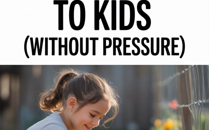 Child gardening outdoors to teach work ethic without pressure and foster curiosity.