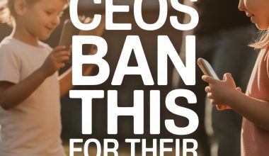 Children using smartphones outdoors amidst debate on tech CEOs banning device use for their kids.