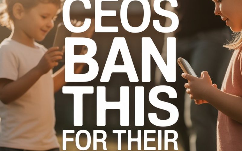 Children using smartphones outdoors amidst debate on tech CEOs banning device use for their kids.
