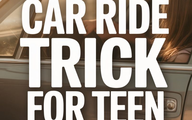 Vintage car side view with woman inside and text about teen confessions during car rides.