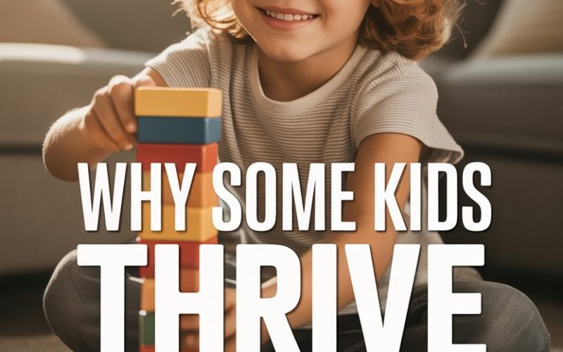 Happy girl building colorful blocks, symbolizing resilience and thriving after divorce.