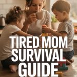 Tired mom with children at kitchen table, holding mug, offering practical survival tips for moms.