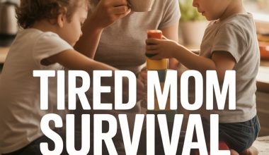 Tired mom with children at kitchen table, holding mug, offering practical survival tips for moms.