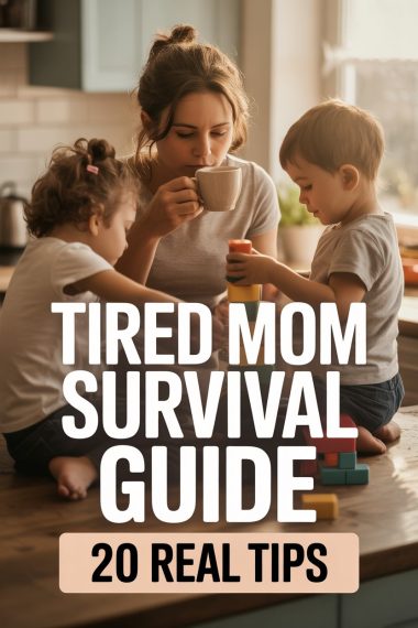 Tired mom with children at kitchen table, holding mug, offering practical survival tips for moms.