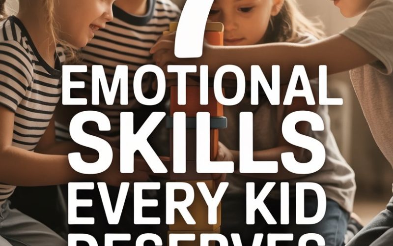Children playing with building blocks indoors, fostering emotional skills and teamwork in a cozy classroom.