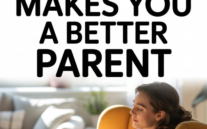 Relaxed mom enjoying self-care with a book and coffee in cozy living room.