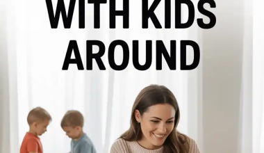 Mom working from home with kids, playing with blocks, balancing productivity and parenting.