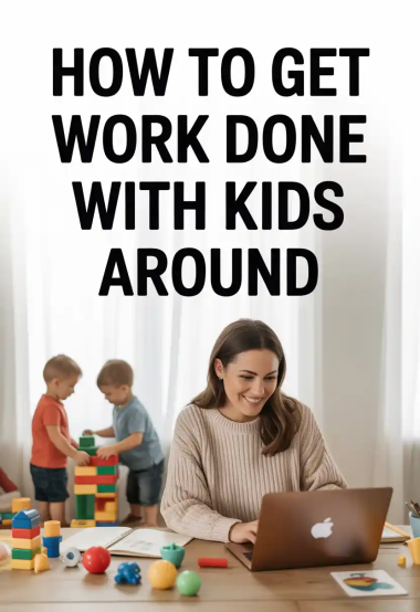 Mom working from home with kids, playing with blocks, balancing productivity and parenting.