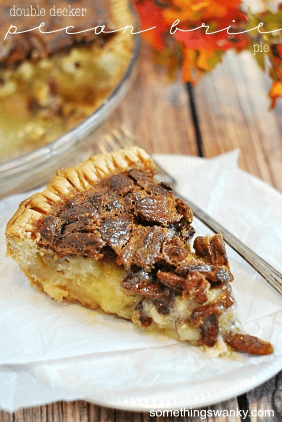 A slice of double decker pecan pie.