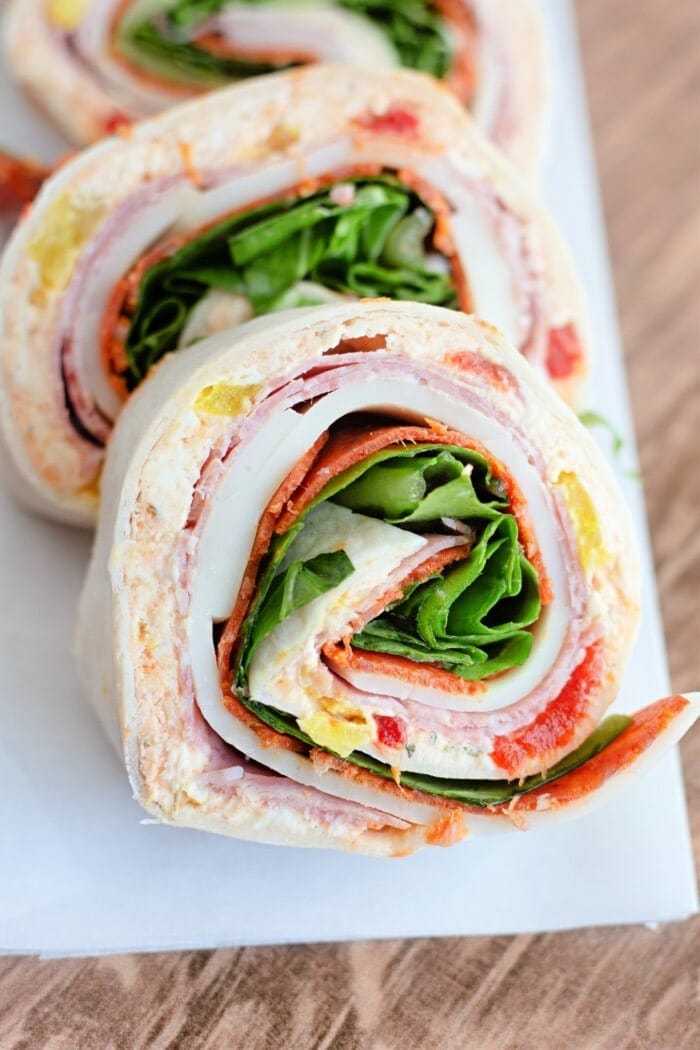 italian-pinwheels Italian Pinwheels with Cream Cheese, Parmesan, Pepperoni, Lettuce and Peppers