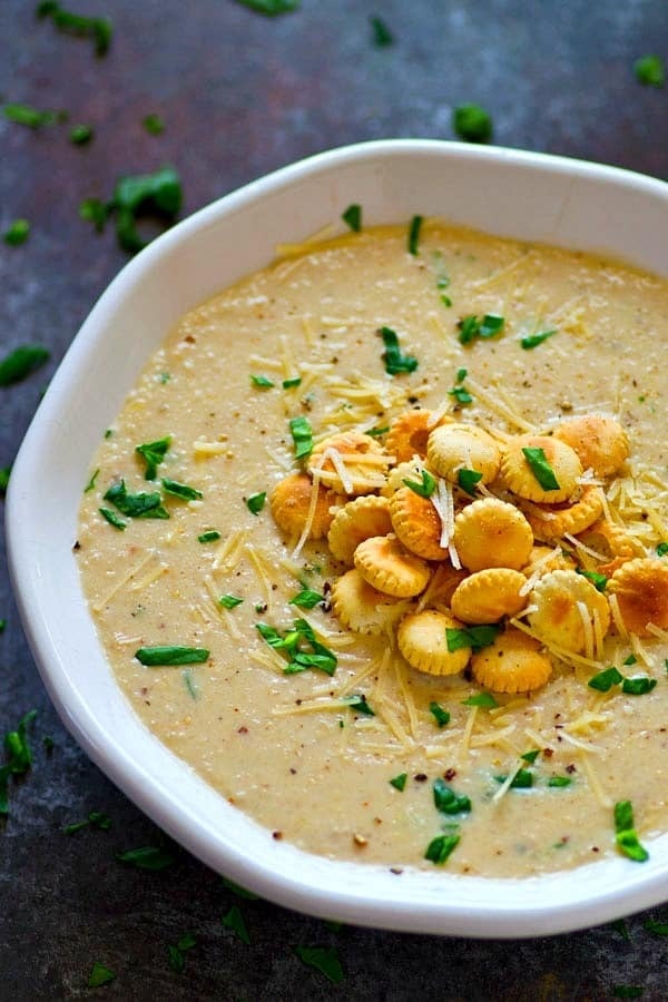roasted-cream-of-cauliflower-parmesan-soup Top view of a bowl of Roasted Cream of Cauliflower Parmesan Soup