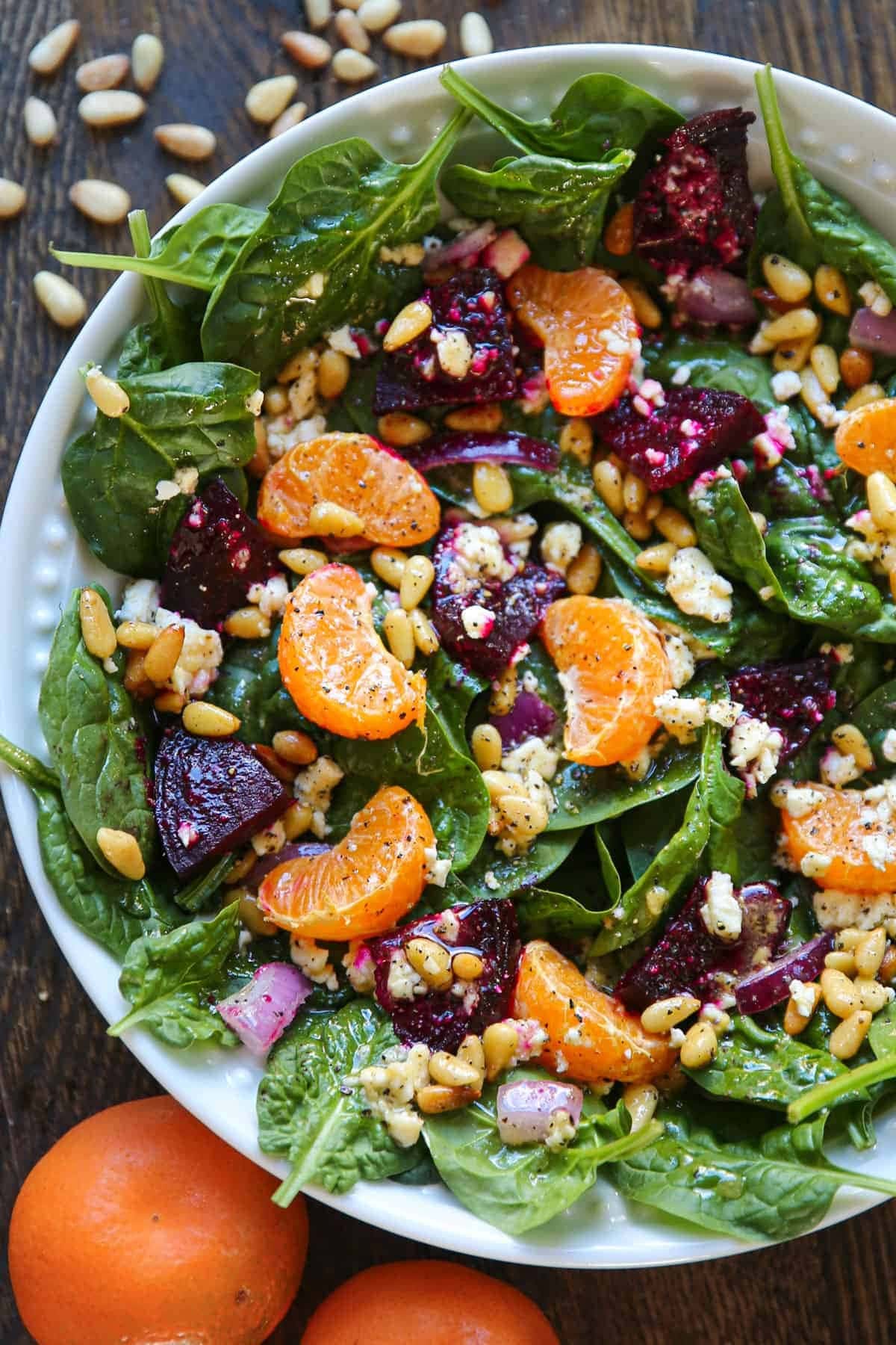 beet-salad-bowl Roasted beet and orange salad with toasted pine nuts paired with meaty beets and tart oranges.