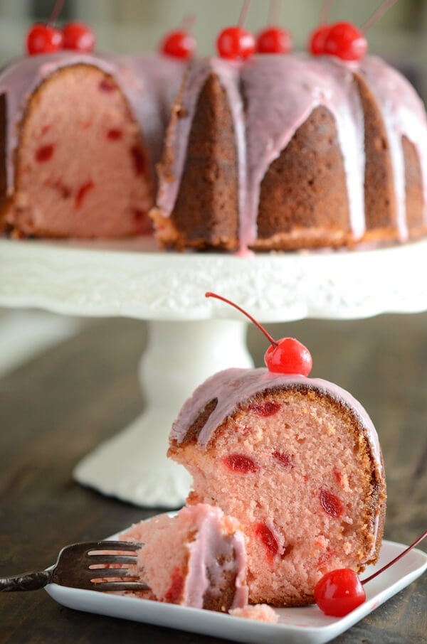 cherry-almond-bundt-cake Slice of cherry almond Bundt cake