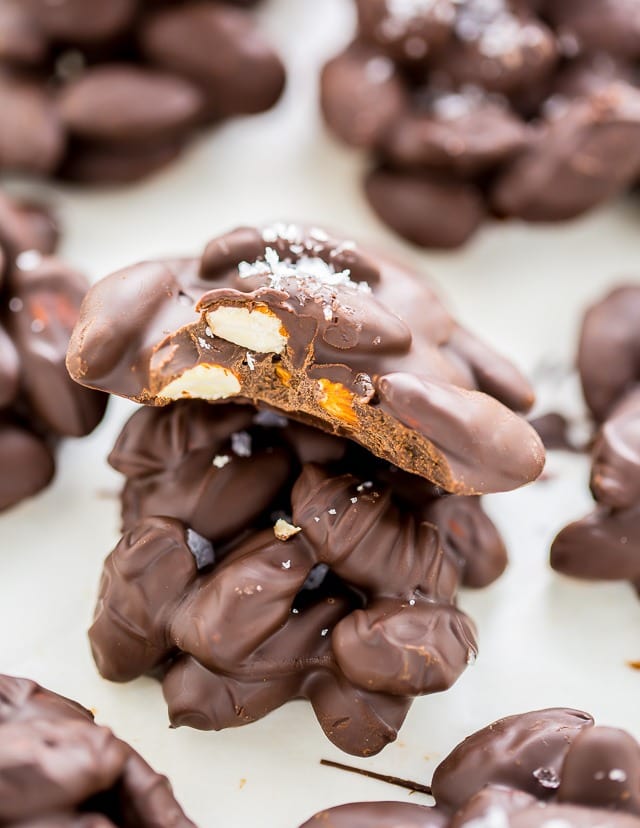 chocolate-almond-clusters Close up view of Chocolate Almond Clusters