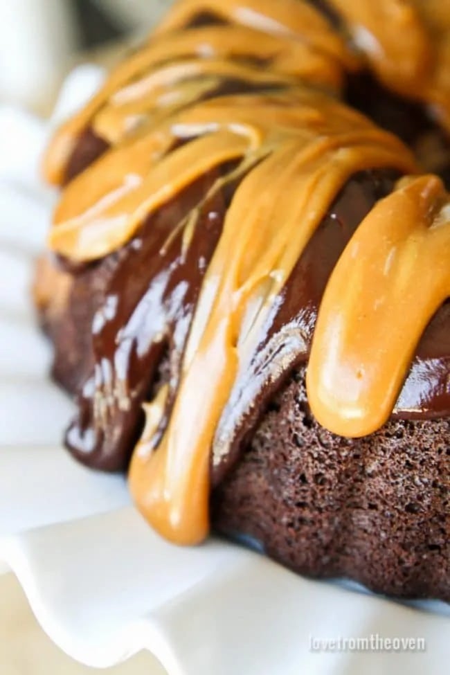 chocolate-peanut-butter-bundt-cake Chocolate Bundt cake with dripping peanut butter glaze