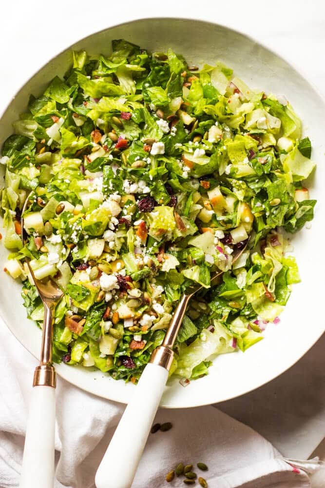 chopped-autumn-salad-with-honey Autumn chopped salad with bacon, sweet apple, tart cranberries, and creamy feta.