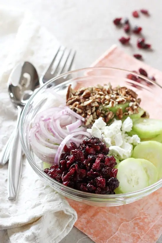 cranberry_pecan_cucumber_salad Cranberry pecan cucumber salad with dried cranberries, toasted pecans, cucumber, and red onion.