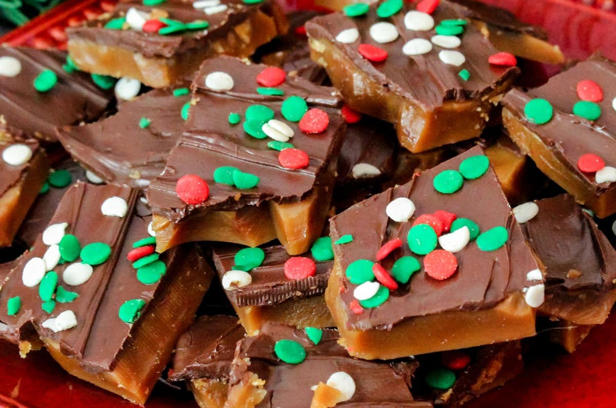 english-toffee Stacks of English Toffee with chocolate chips on top