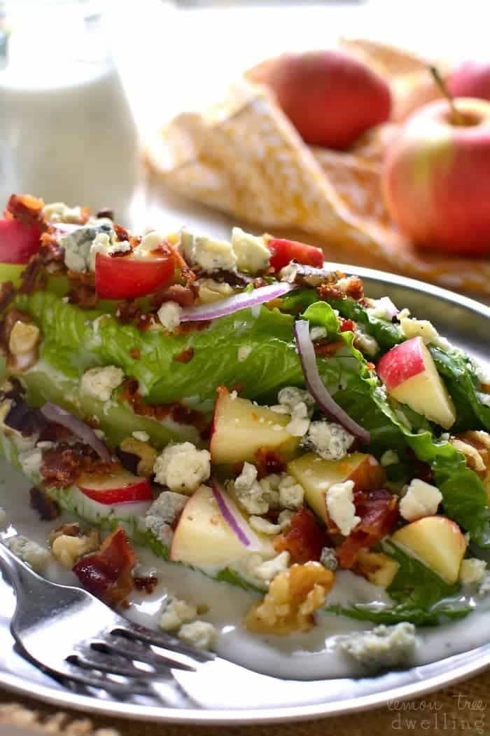 fall-wedge-salad Apple wedge salad with chopped walnuts, crispy bacon, and gorgonzola cheese.