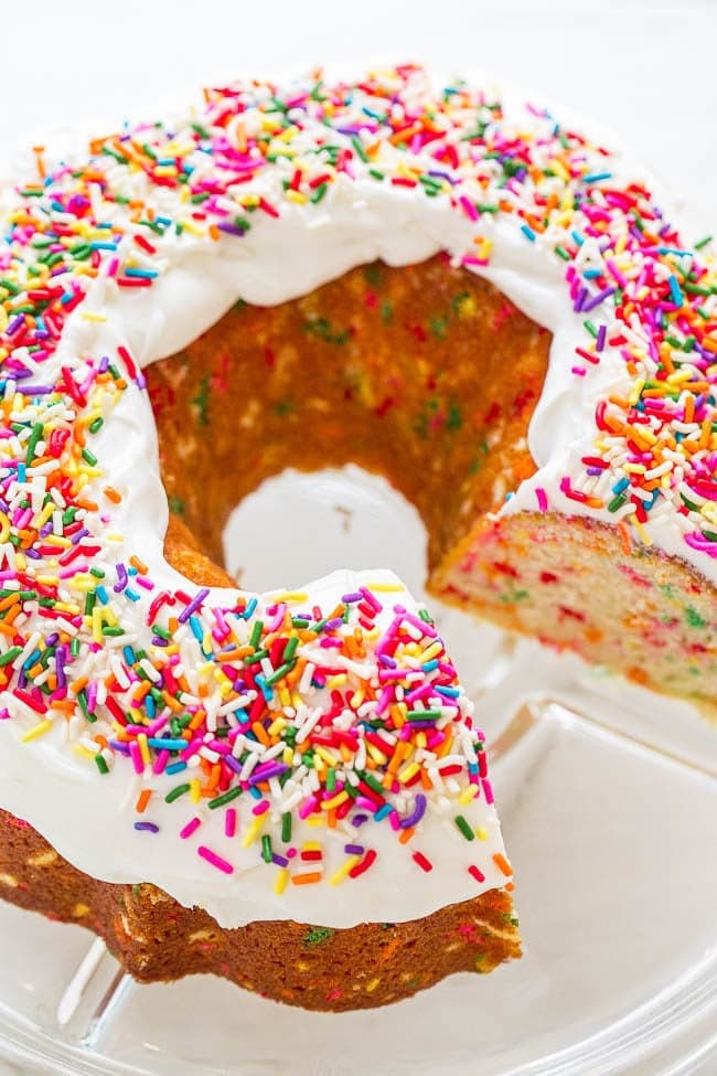 funfetti-cake Bundt cake topped with icing and sprinkles.
