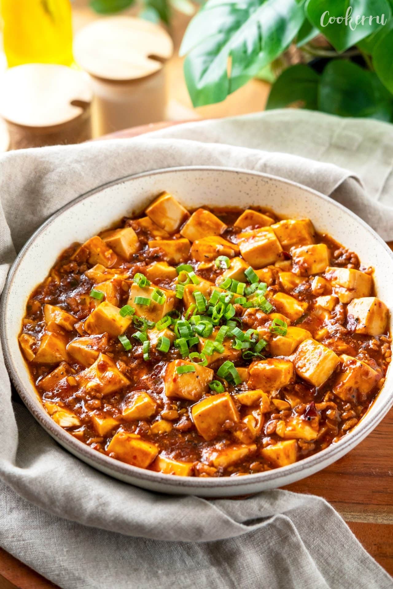 mapo-tofu Bowl of Mapo tofu with spicy bean paste and dried chili.