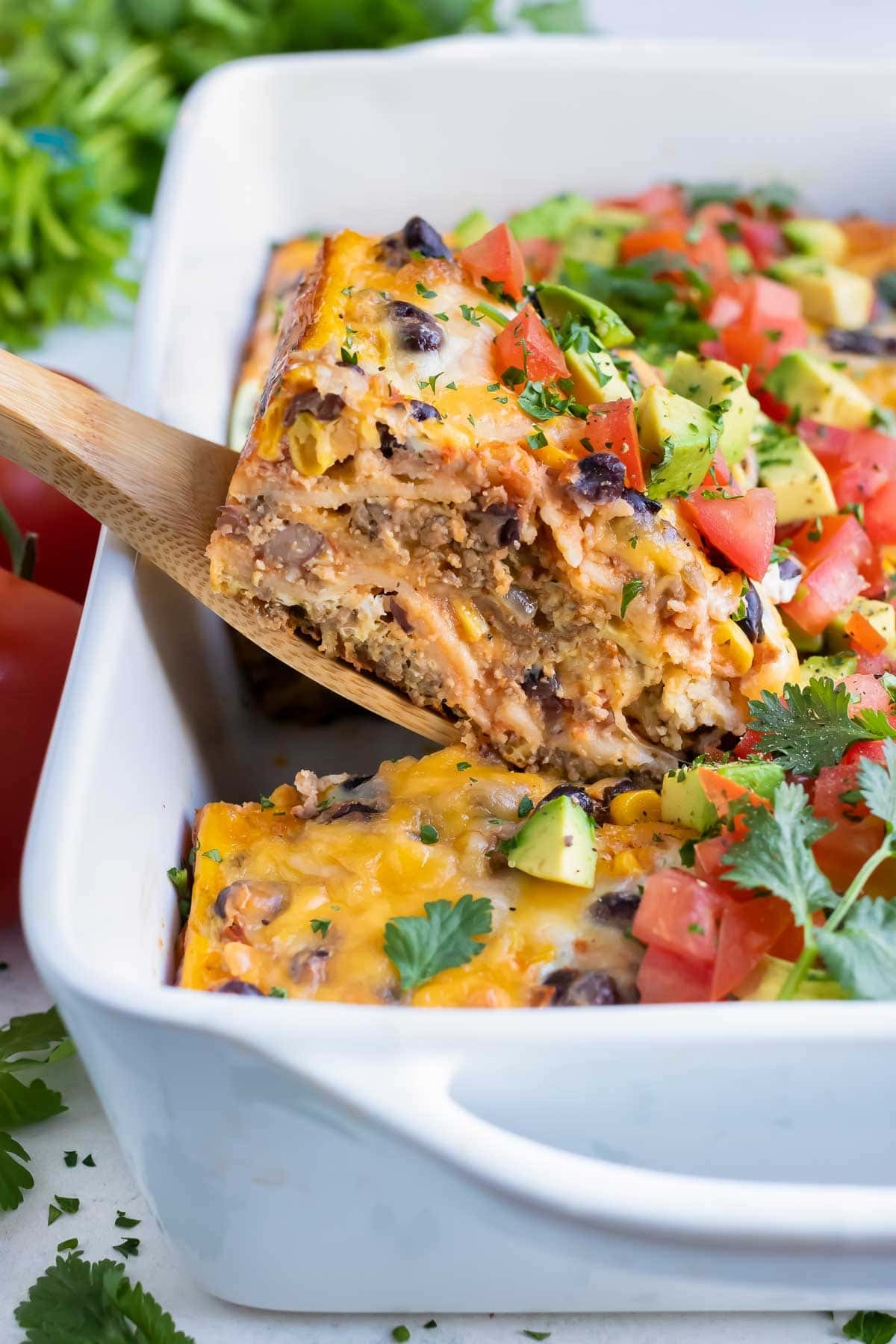 mexican-breakfast-casserole Mexican breakfast casserole made with black beans, fresh veggies, meat and eggs.