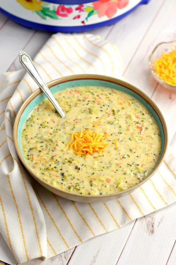 Skinny Broccoli Cheese Soup with Cheddar Cheese on Top