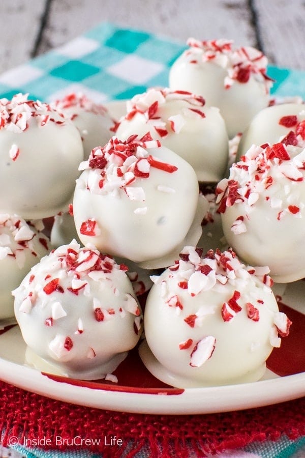 peppermint-brownie-truffles Stacks of Peppermint Brownie Truffles on a plate