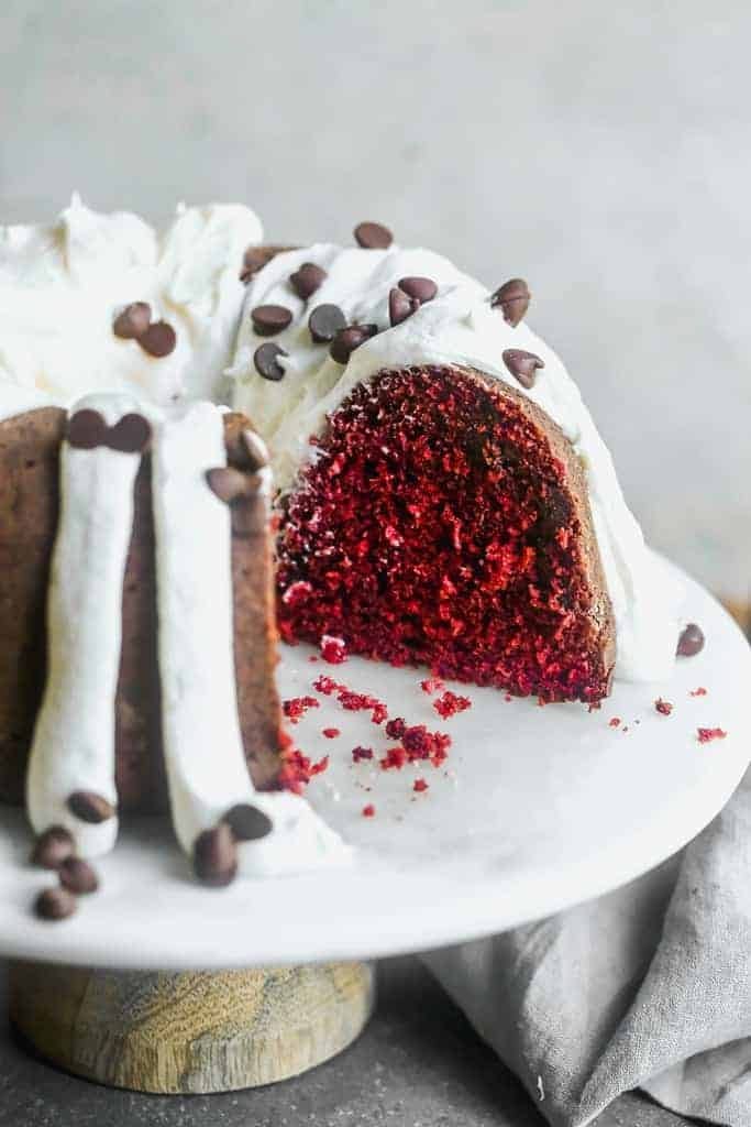 red-velvet-cake Red velvet Bundt cake with frosting and chocolate chips toppings.