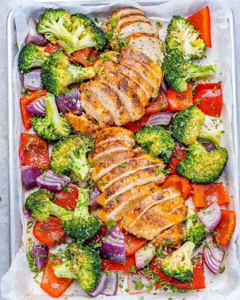 sheet-pan-chicken-and-veggies Sheet Pan Chicken with Broccoli, Tomatoes and Onions