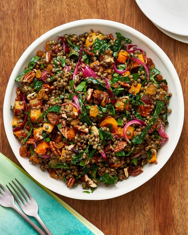 thanksgiving-lentil-salad Thanksgiving lentil salad with red onion, hearty kale, toasted pecans, and sweet golden raisins.