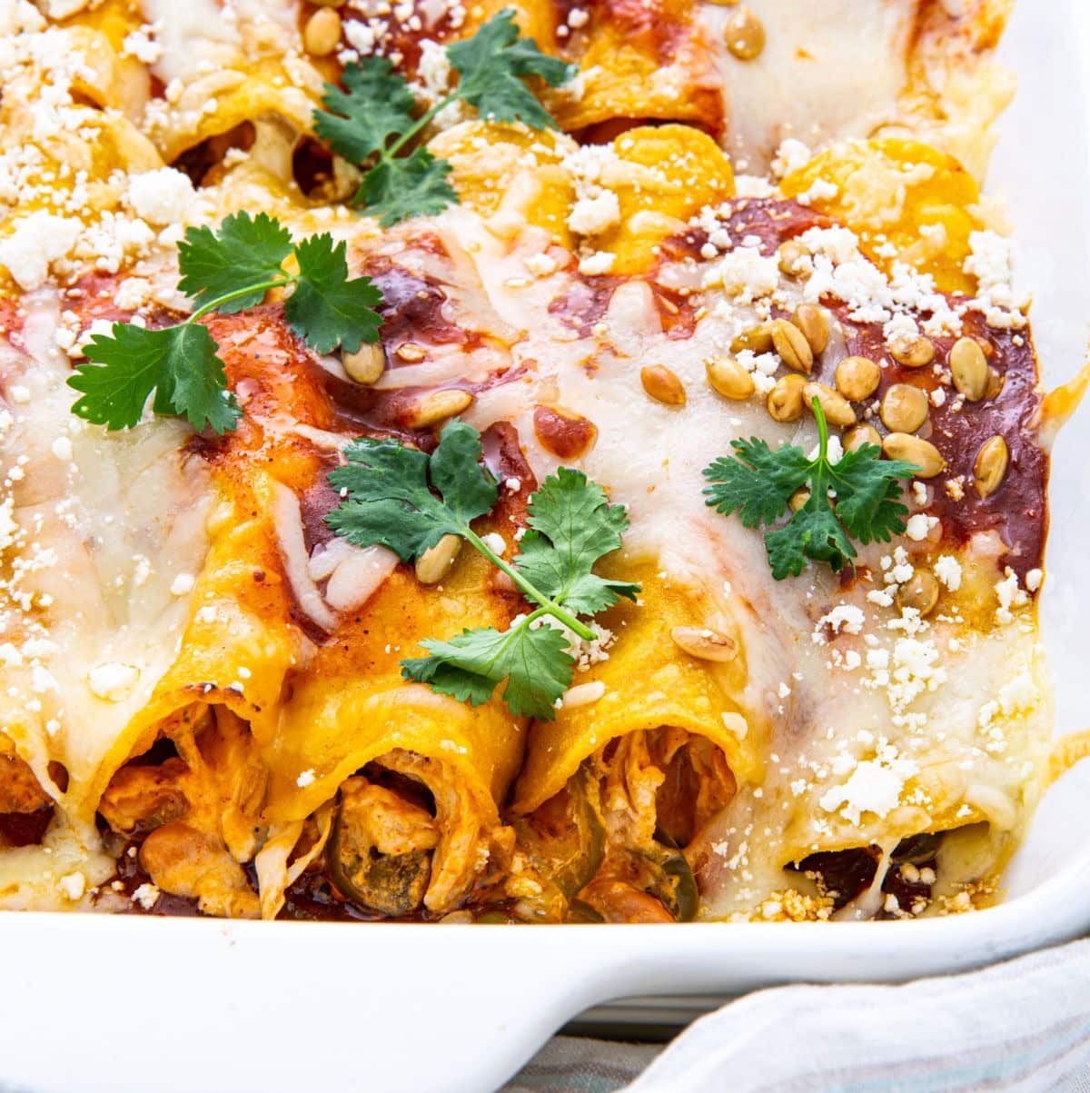 Enchiladas in casserole with lots of cheese, pinto beans, sour cream, jalapeños, and turkey meat.