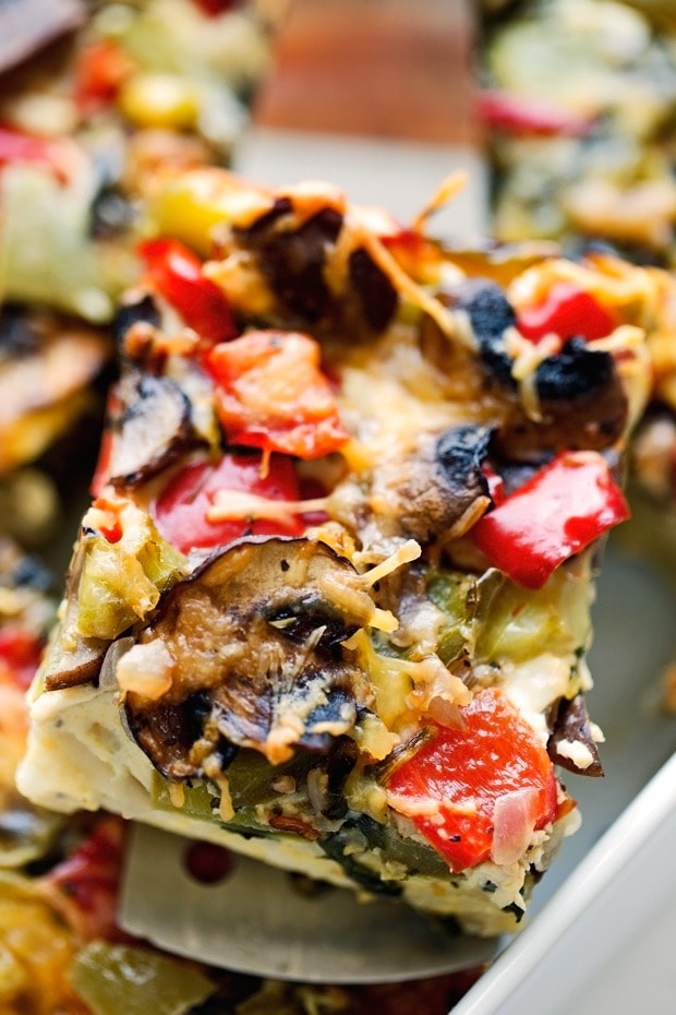 veggie-loaded-breakfast-casserole Veggie-loaded breakfast casserole with mushrooms, bell pepper, spinach, potatoes, and onions.