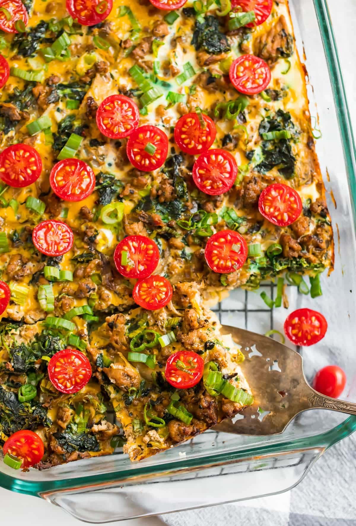 whole30-breakfast-casserole Whole30 breakfast casserole on a glass baking dish.