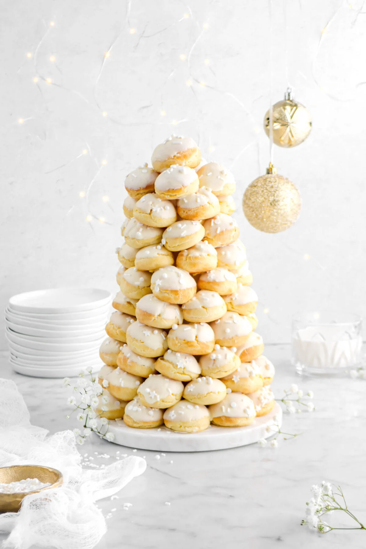 White Chocolate Dipped Croquembouche Filled with Eggnog Pastry Cream