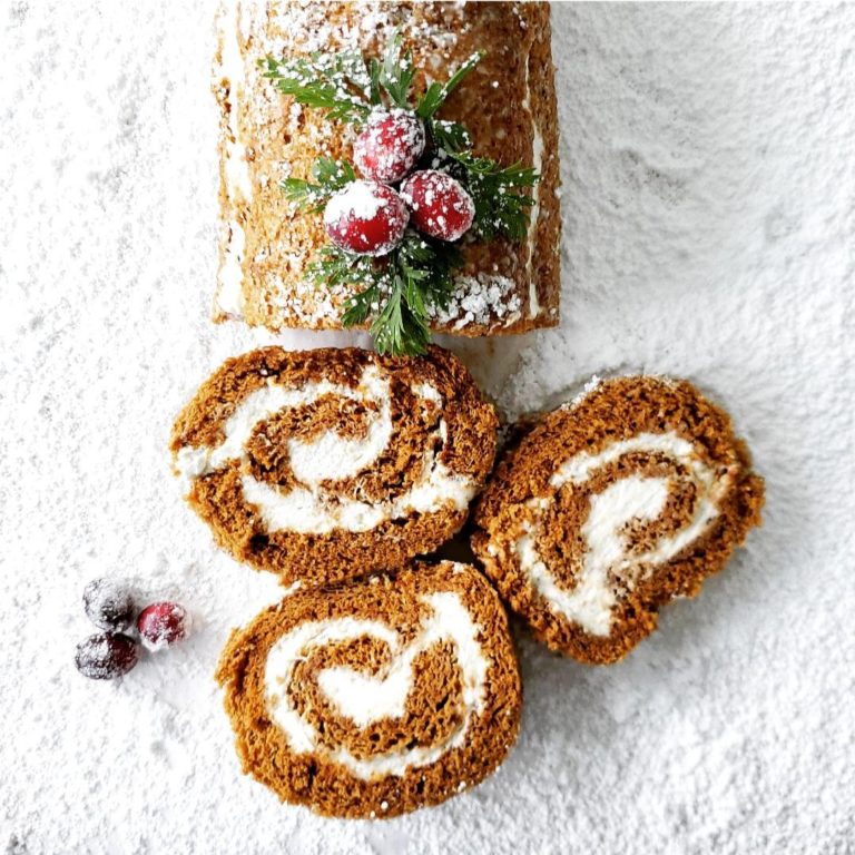 Gingerbread Cake Roll with Eggnog Whipped Cream