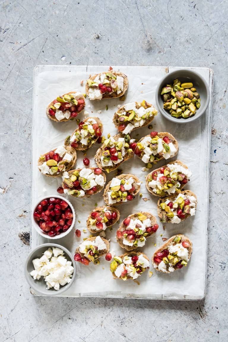 Pistachio Feta and Pomegranate Crostini